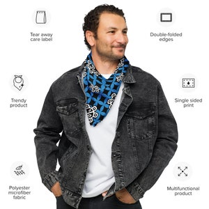 Bandana con stampa all-over di design blu sole Taino. Abbigliamento da sole Taino. Bandana Argyle degli indiani Taino di Porto Rico. Taino Sol. Moda Taino.