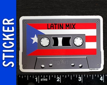 Old School Cassette Tape Latin Mix with Puerto Rican Flag. Cool Die-Cut Vinyl Sticker with Cassette Tape. For Latin Music Lovers. Boricua.