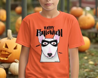 Camiseta divertida para niños con máscara de bull terrier, camiseta de Halloween para perros, regalo para amantes del bull terrier, lindo disfraz de bull terrier