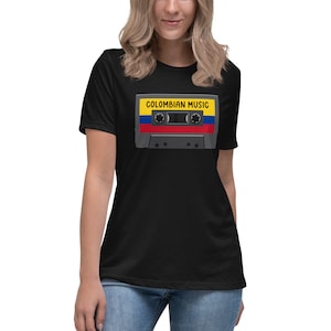 Colombian Music Cassette Tapes with Colombian Flag Women's Relaxed T-Shirt. Cumbia, Vallenato, I love Colombia t-shirt. Viva Colombia.