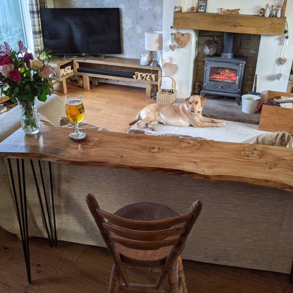 Handmade live edge/waney edge/responsibly sourced/counter top/breakfast bar/sofa table/console table/pippy oak/cat paw oak/with hairpin legs