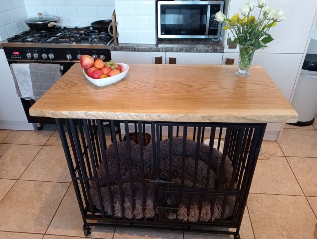 Image showcasing Stunning/live Edge/solid Oak/metal/portable/dog Crate/pet Cage/kitchen ...