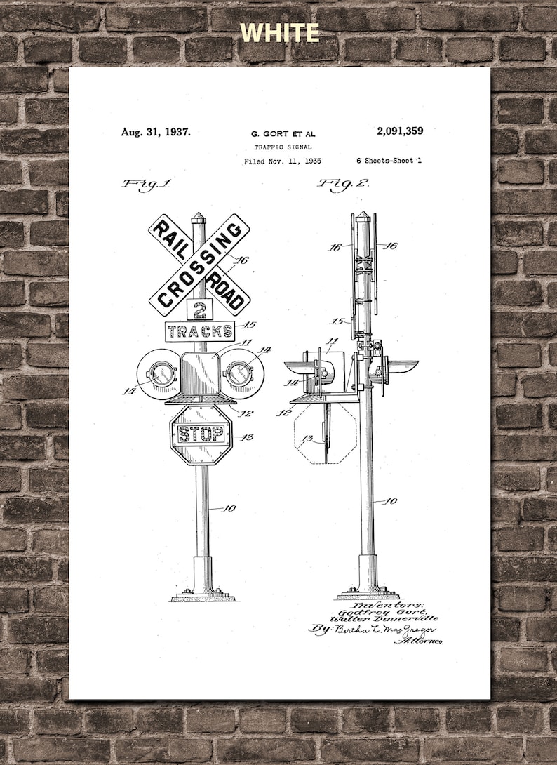 May include: Black and white line drawing of a patent for a traffic signal. The drawing shows a railroad crossing sign with the words "Rail Crossing Road" and "2 Tracks". There is also a stop sign and a traffic light.
