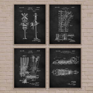 Trein Art octrooi Print Wall Art Set van 4, Railroad teken, trein Wall Art railroad kruising, railroad decor, railroad kunst aan de muur, railroad