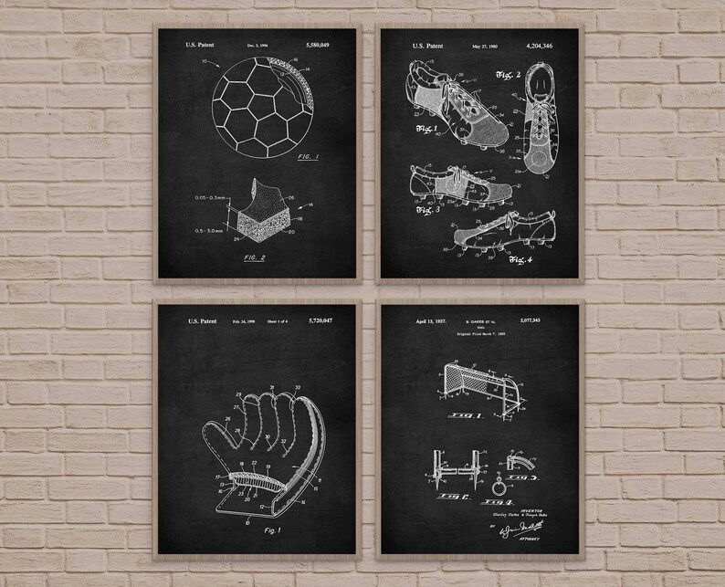 May include: Set of four black and white vintage patent prints featuring illustrations of a soccer ball, soccer cleats, a soccer glove, and a soccer goal. The prints are framed with a white border.