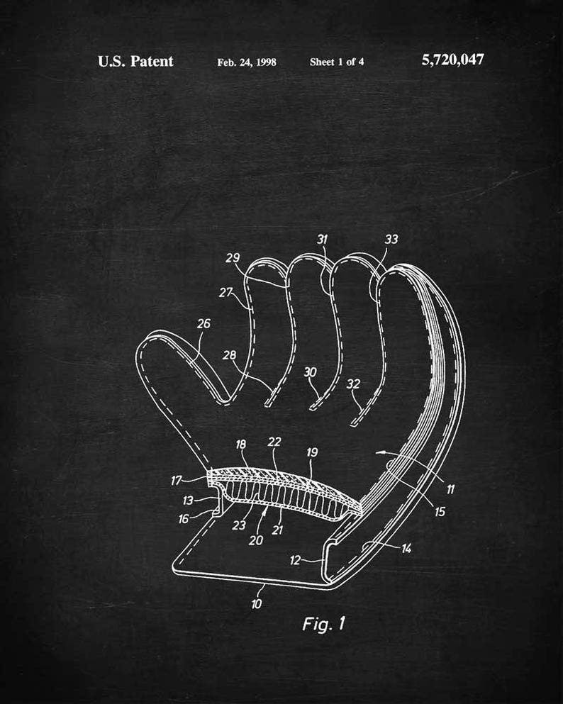 May include: A black and white line drawing of a baseball glove patent. The drawing shows the glove's design and features, labeled with numbers. The text "Fig. 1" is at the bottom of the image.
