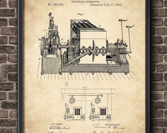 Edison Elektrischer Generator Patentdruck Kunst 1889 Home Decor Wandkunst, Geschenk für Ihn, Ingenieur Geschenk, Studentenzimmer