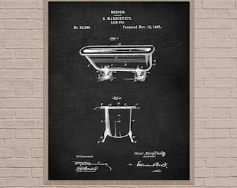 May include: Black and white patent illustration of a bathtub design by O. Marschuetz, patented November 12, 1895. The drawing shows a side and front view of the tub, with the inventor's signature at the bottom. The design is framed.