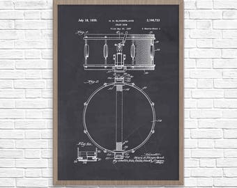 Snare Drum Patent Poster, Drummer Gift, Big Band Art