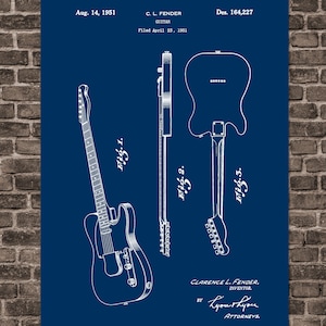 May include: A vintage blueprint of a guitar patent, showing three different views of the instrument. The patent is titled "C.L. Fender Guitar" and was filed on April 23, 1951. The patent number is Des. 164,227. The blueprint is on a dark blue background.