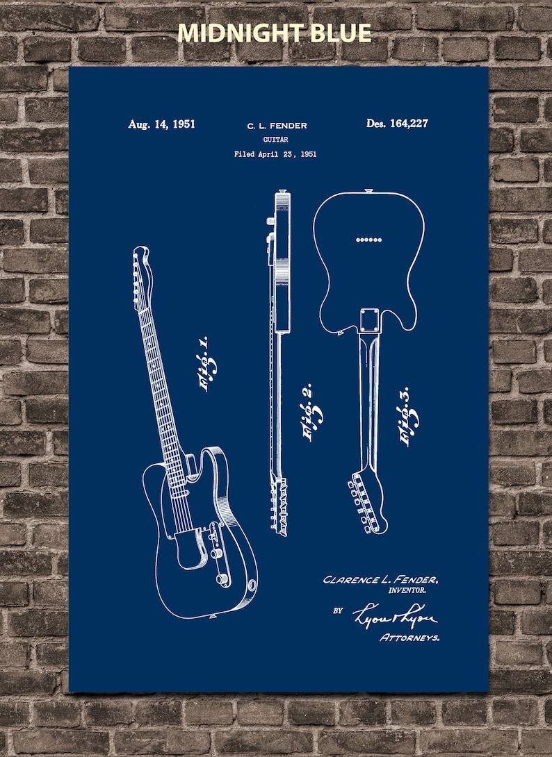May include: A vintage blueprint of a guitar patent, showing three different views of the instrument. The patent is titled "C.L. Fender Guitar" and was filed on April 23, 1951. The patent number is Des. 164,227. The blueprint is on a dark blue background.