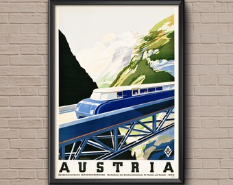 Austria Travel Poster, Vintage Train Art Print
