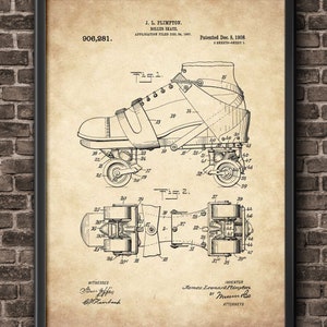May include: A vintage black and white illustration of a roller skate patent drawing. The drawing shows a side view of the roller skate with detailed diagrams of the skate's components. The patent number 906,281 is visible at the top of the drawing. The patent was filed in 1907 and granted in 1908.