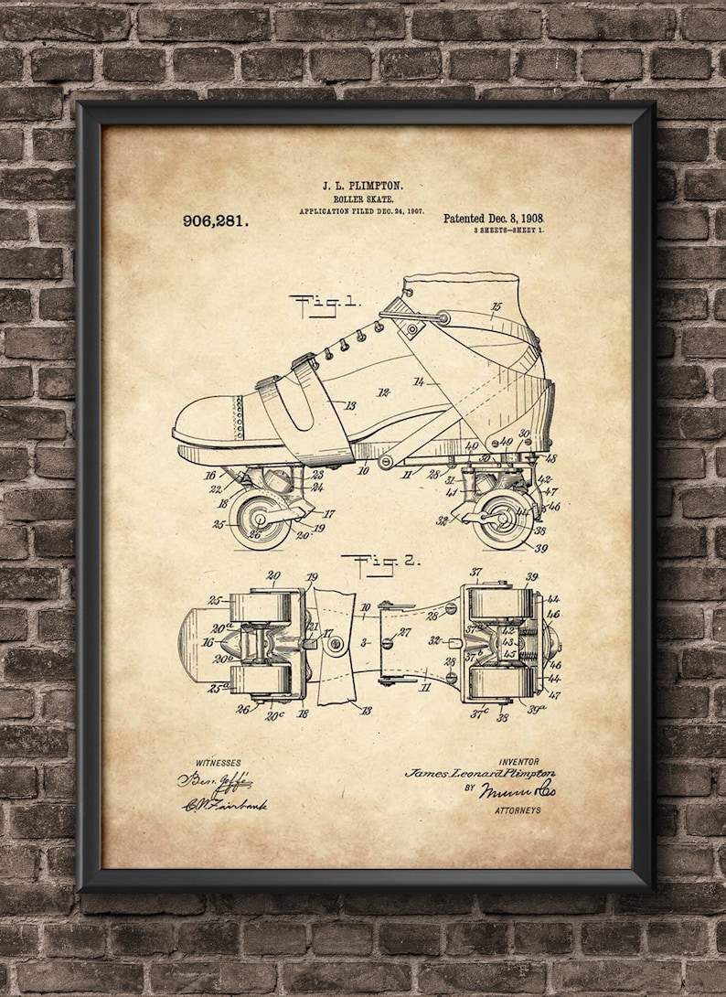 May include: A vintage black and white illustration of a roller skate patent drawing. The drawing shows a side view of the roller skate with detailed diagrams of the skate's components. The patent number 906,281 is visible at the top of the drawing. The patent was filed in 1907 and granted in 1908.