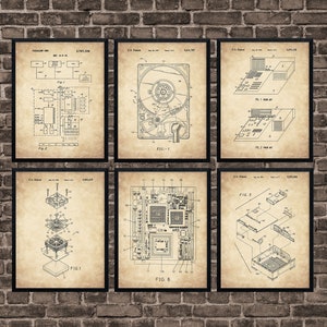 Computer Patent Print Set of 6 Geek Art Print Gift Idea - Computer Room Home Decor - IT Student Gift Idea - Hard Drive - Motherboard - CPU