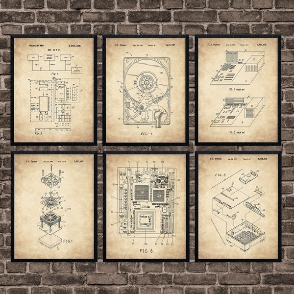 Computer Patent Print Set of 6 Geek Art Print Gift Idea - Computer Room Home Decor - IT Student Gift Idea - Hard Drive - Motherboard - CPU