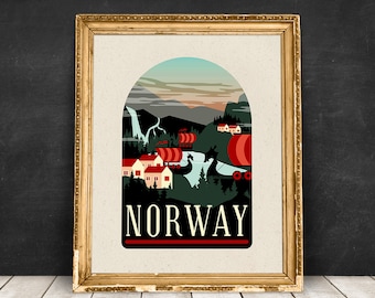 May include: A vintage-style travel poster with a colorful illustration of a Norwegian landscape featuring a village, mountains, and a fjord with Viking ships. The text "NORWAY" is printed in a bold, red font.