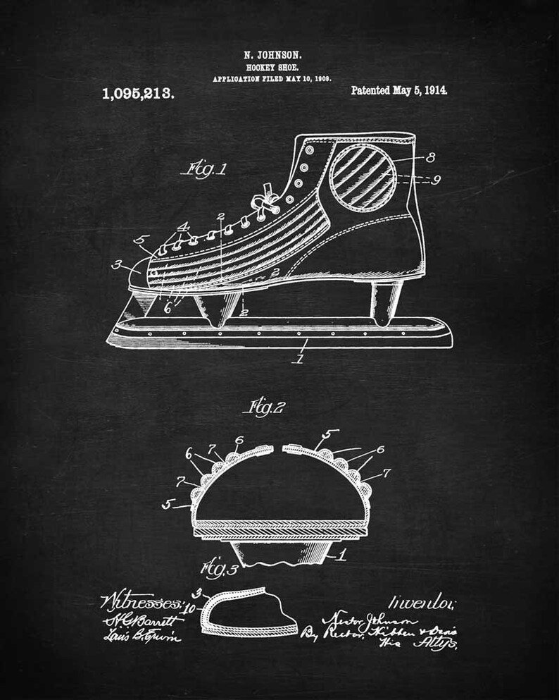 May include: Black and white line drawing of a patent for a hockey shoe. The patent number is 1,095,213. The patent was filed on May 10, 1909 and patented on May 5, 1914. The drawing shows a side view of the shoe with a close-up of the sole.