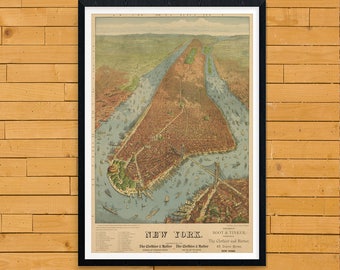 Tryck av New York Citys vintagekarta, antik stil från 1879