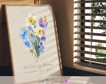 May include: A watercolor painting of a bouquet of white and yellow daffodils and blue forget-me-nots. The painting has the text "Our Family Blooms" and the names Olivia, Benjamin, Sophia, Ethan, and Lily. The text "Love It Guarantee" is below the painting.