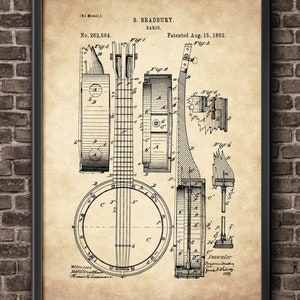 Banjo Patent Print Wall Art 1882, Blueprints Patent Art, Music Teacher, Country