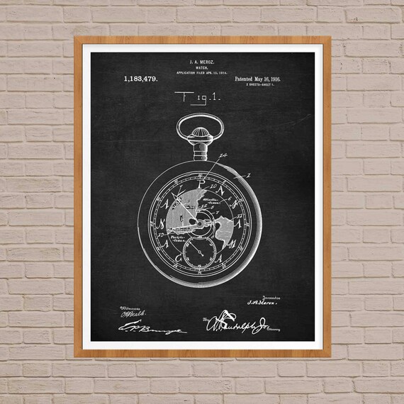 Vintage Pocket Watch Patent Art Print, Retro Clock Poster