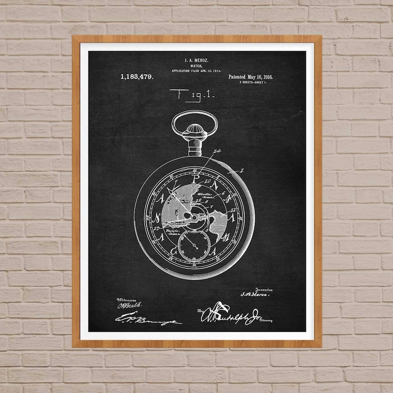 May include: A black and white vintage patent drawing of a pocket watch with a world map design. The patent number is 1,183,479 and the patent date is May 16, 1916. The patent is for a watch by J. A. Meroz.