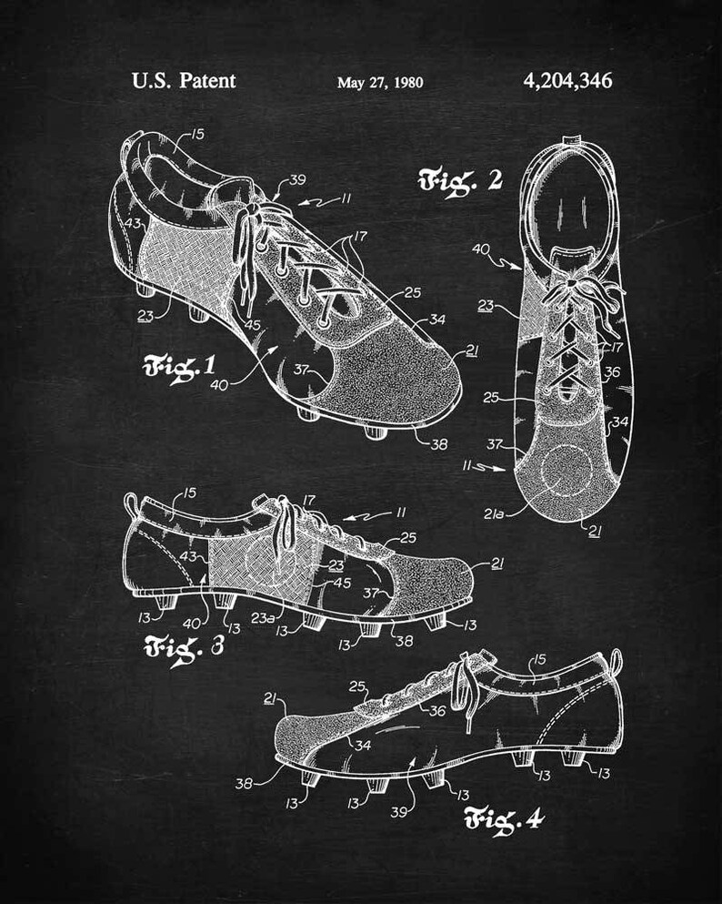 May include: A black and white line drawing of a patent for a soccer cleat. The patent drawing shows four different views of the cleat, including the side, top, and bottom. The patent number is 4,204,346 and the date is May 27, 1980.