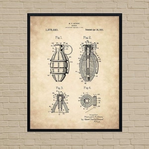 Military Gift, patent art, military decor, military art, grenade, military wall art, military gifts, military print, army wall art