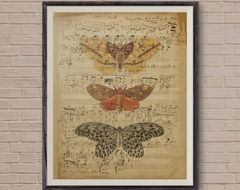Vintage Music Sheet, Music Sheets, Butterfly Art, Musical Notes, Old Music Sheet, Music Room Decor, Musical Notes, Vintage Art, Art Print
