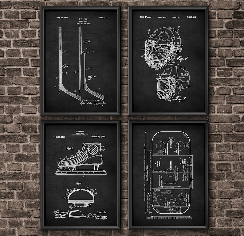 May include: Four black and white vintage hockey patent drawings. The drawings show a hockey stick, a hockey helmet, a hockey skate, and a hockey rink.