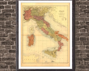 May include: An antique map of Italy from 1864, showing the different regions of the country. The map is printed on aged paper and has a vintage aesthetic. The map is framed in a black frame.