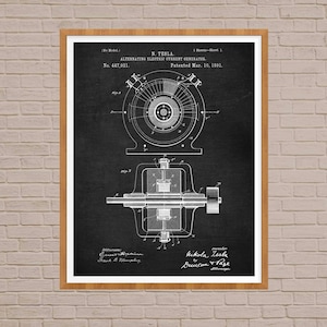 May include: Black and white vintage patent drawing of Nikola Tesla's alternating electric current generator, patent number 447,921, patented March 10, 1891.