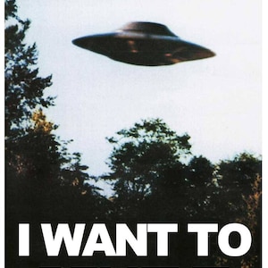 May include: A black and white poster with a flying saucer in the sky and the text "I WANT TO BELIEVE" at the bottom.