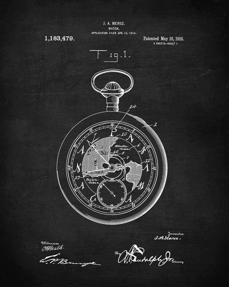 May include: Black and white illustration of a watch patent drawing. The drawing shows a watch with a compass face and the text "1,183,479.  J. A. MEROZ. WATCH.  Patented May 16, 1916. 2 SHEETS-SHEET 1.  Fig. 1."