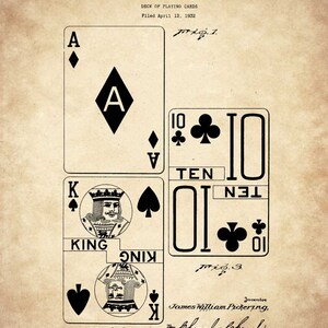 May include: A black and white patent drawing of a deck of playing cards. The drawing shows the Ace of Diamonds, the King of Spades, and the Ten of Clubs. The patent drawing is titled "Deck of Playing Cards" and was filed on April 12, 1932.