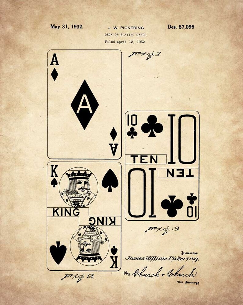 May include: A black and white patent drawing of a deck of playing cards. The drawing shows the Ace of Diamonds, the King of Spades, and the Ten of Clubs. The patent drawing is titled "Deck of Playing Cards" and was filed on April 12, 1932.