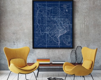 Texas Map Print, 1840 Vintage Style, Texas Wall Art
