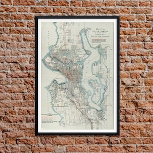 Seattle 1911 Mapa antiguo, Mapa vintage de Seattle, Decoración de la oficina en el hogar, Arte de la pared