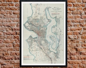 Seattle 1911 Vintage Map Print, Home Office Decor