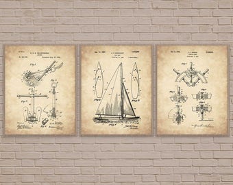 Nautisk ritning konsttryck set med 3, segeldekor