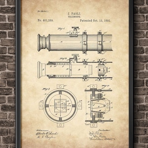 Telescope Patent Print, 1891 Telescope Design, Vintage Telescope, Science Art, astronomer gift, telescope patent, telescope poster