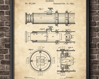 Telescope Patent Print, 1891 Telescope Design, Vintage Telescope, Science Art, astronomer gift, telescope patent, telescope poster