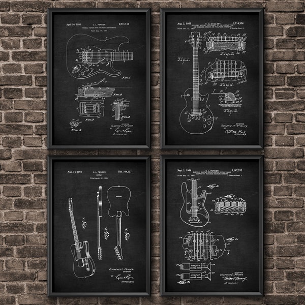 Guitar Art set of 4 Print, Guitar Wall art, Mid century modern wall art set, Above coach art, Music Poster | Shop now!