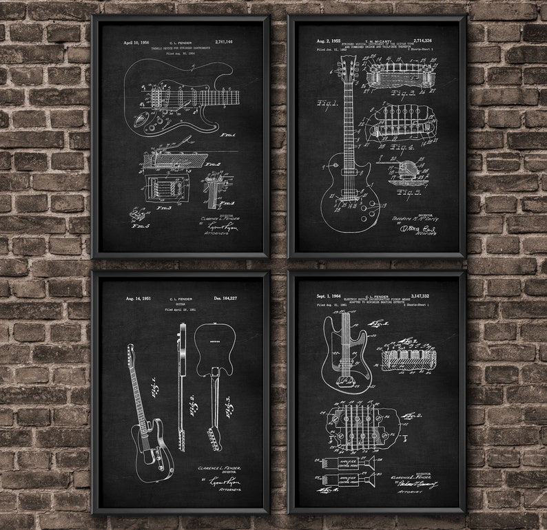 Guitar Art Set of 4 Print Guitar Wall Art Mid Century Modern Etsy