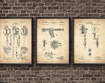 Tattoo Art Poster Set, Wall Art Set, Tattoo Art Print, Vintage Tattoo Machine, Ink, Body Art Poster, Tattoo Patent, Tattoo Shop, Tattoo Art