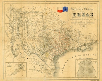 Vintage 1849 Texas Map Print, Restoration Hardware Style