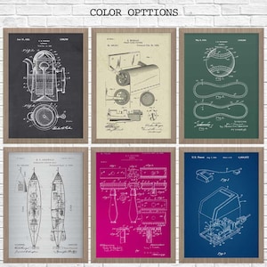 May include: A set of six vintage patent prints featuring various inventions. The prints are framed in a light wood frame and have a white background. The prints are in black and white and feature detailed illustrations of the inventions. The prints are arranged in a grid pattern.