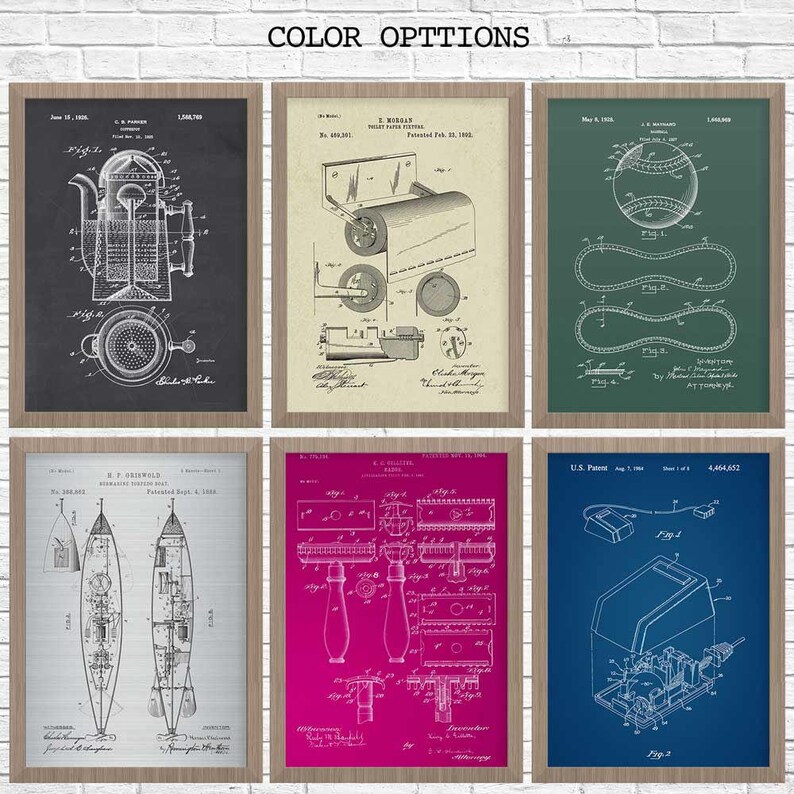 May include: A set of six vintage patent prints featuring various inventions. The prints are framed in a light wood frame and have a white background. The prints are in black and white and feature detailed illustrations of the inventions. The prints are arranged in a grid pattern.
