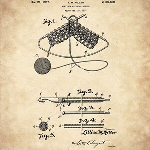 K&ouml;nnte beinhalten: Eine Schwarzwei&szlig;illustration eines Patents f&uuml;r eine flexible Stricknadel. Das Patent ist vom 21. Dezember 1937 datiert, und die Erfinderin ist Lillian M. Miller. Die Illustration zeigt verschiedene Ansichten der Nadel, einschlie&szlig;lich einer Nahaufnahme der Spitze.